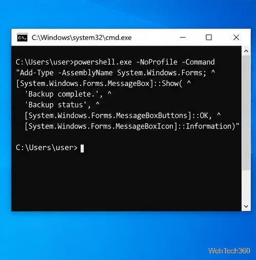 Command Prompt containing a powershell.exe command that calls a Windows Forms message box.