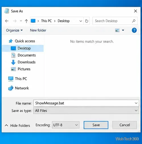 The Windows Save As dialog with ShowMessage.bat entered as the file name and All Files selected.