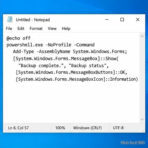 Notepad showing a Windows Forms message box call with a custom title, message, OK button, and information icon.