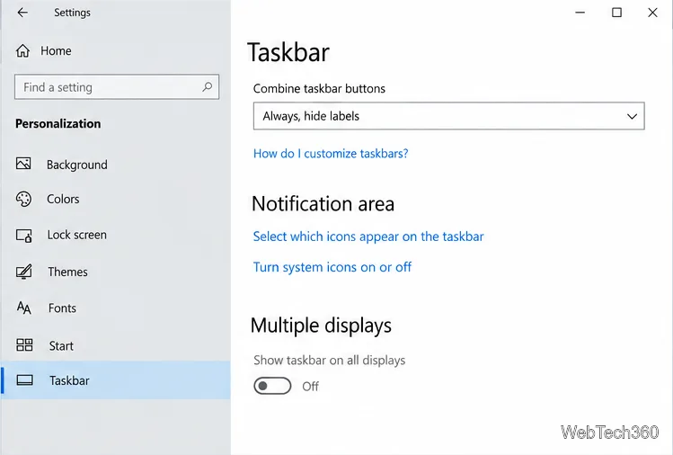 Windows 10 Taskbar settings at the Notification area section, showing the links to choose taskbar icons and turn system icons on or off.