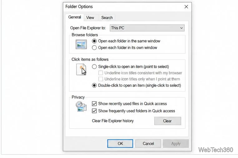 A caixa de diálogo Opções de Pasta do Windows 10 na guia Geral, com a guia Exibir visível.