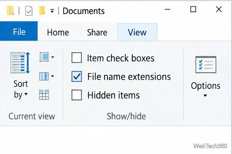 A caixa de seleção "Extensões de nome de arquivo" na faixa de opções "Exibir" do Windows 10 agora está marcada.