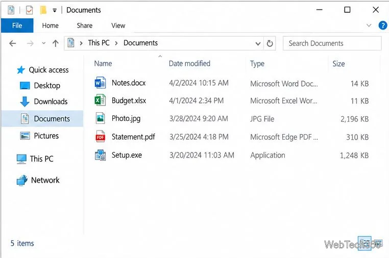 Lista de documentos do Windows 10 mostrando os arquivos Notes.docx, Budget.xlsx, Photo.jpg, Statement.pdf e Setup.exe.