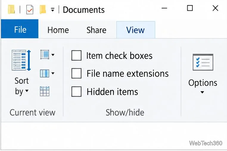 A caixa de seleção "Extensões de nome de arquivo" no grupo "Mostrar/ocultar" do Explorador de Arquivos do Windows 10 está atualmente desmarcada.