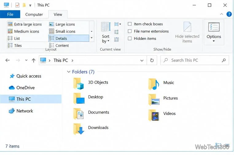 Explorador de Arquivos do Windows 10 com a opção Exibir selecionada e o botão Opções visível.