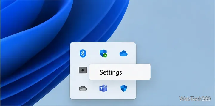Windows notification-area overflow panel with a Settings label beside the tray icons