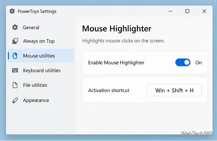 PowerToys Settings on Mouse utilities with Mouse Highlighter enabled and Win plus Shift plus H shown as the shortcut