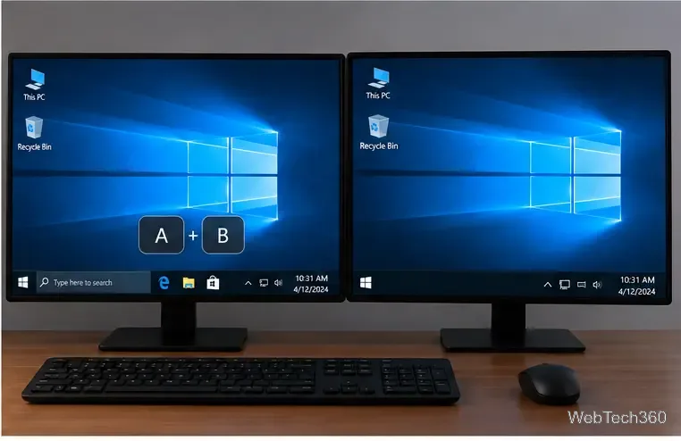 Două monitoare Windows 10 cu suprapunerea tastelor vizibilă pe ecranul din stânga selectat.
