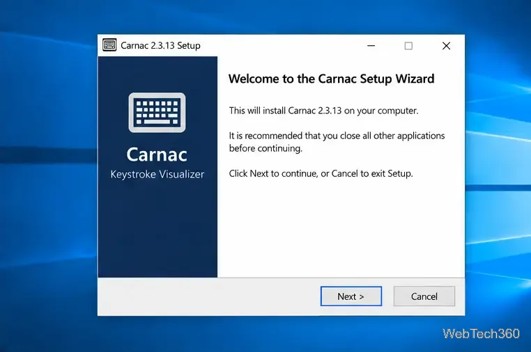 Asistentul de instalare Carnac 2.3.13 se deschide pe un desktop Windows 10.