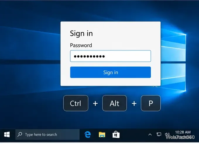 Un panou de conectare în Windows 10 cu parola ascunsă și tastele Ctrl plus Alt plus P sub el.