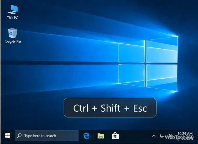Un desktop Windows 10 cu o suprapunere Carnac care afișează Ctrl plus Shift plus Esc.