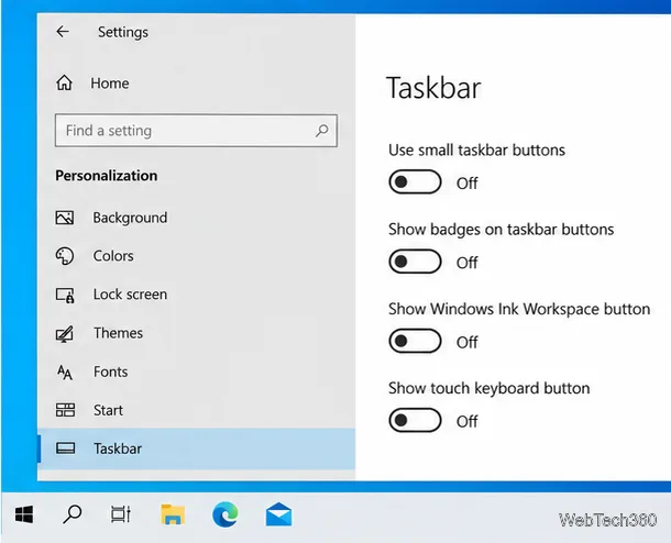Ustawienia personalizacji systemu Windows 10 pokazują, że opcja Pokaż odznaki na przyciskach paska zadań jest wyłączona.