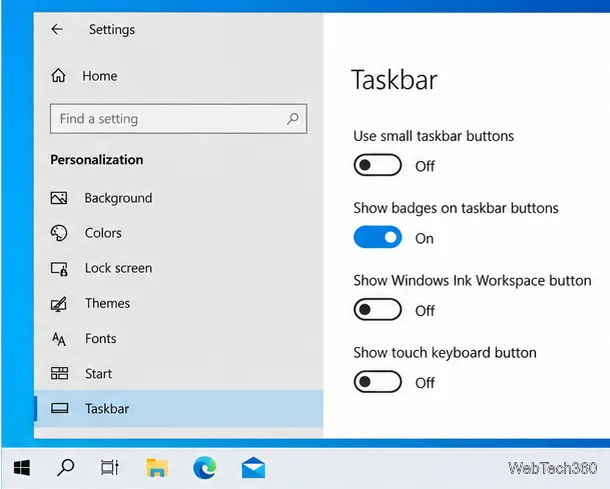 Ustawienia personalizacji systemu Windows 10 pokazują, że opcja Pokaż odznaki na przyciskach paska zadań jest włączona.