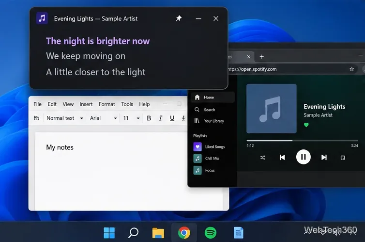 Une petite fenêtre flottante affichant les paroles reste visible au-dessus d'un éditeur de documents et du lecteur web Spotify sur un ordinateur de bureau.