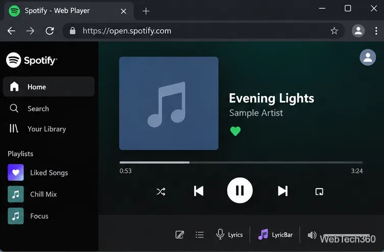 Lecteur web Spotify affichant un extrait musical et la barre de contrôle LyricBar à côté du contrôle intégré des paroles.