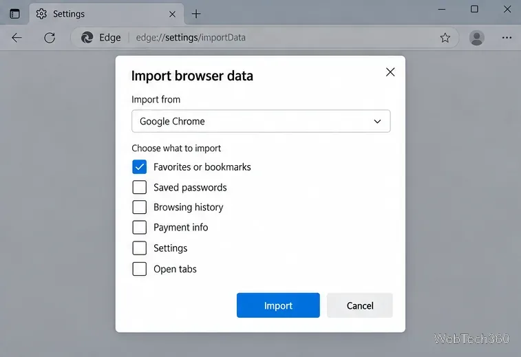 مربع حوار استيراد بيانات المتصفح في Edge مع تحديد Google Chrome وتحديد المفضلة أو الإشارات المرجعية