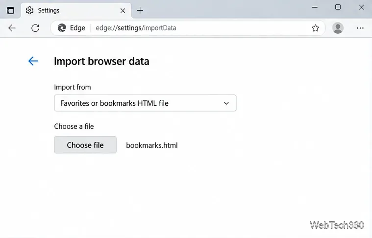 شاشة استيراد Edge مع تحديد ملف HTML للمفضلة أو الإشارات المرجعية وزر اختيار ملف