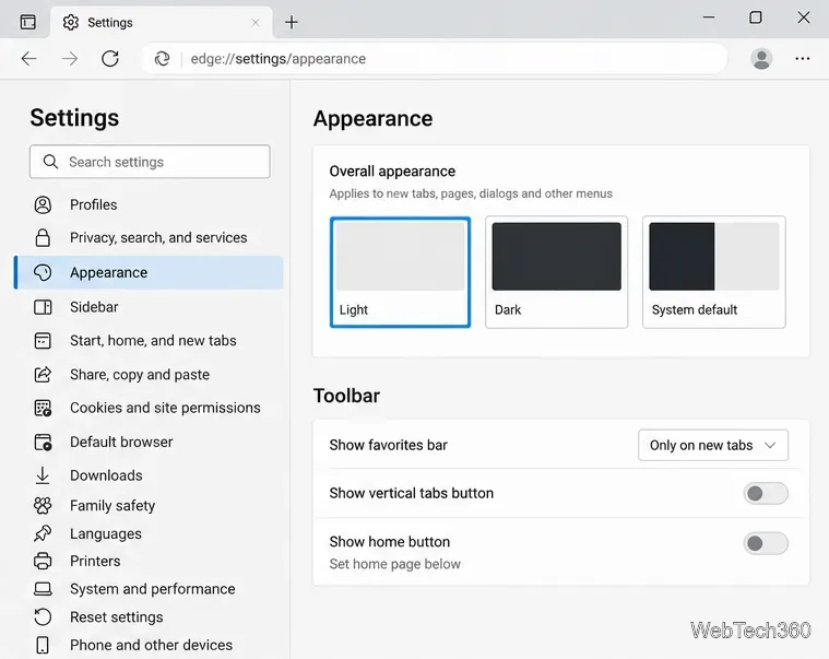 شاشة إعدادات مظهر Edge مع قسم شريط الأدوات وعنصر التحكم في شريط المفضلة