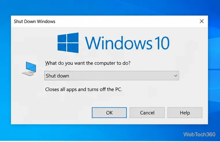 Диалоговое окно «Выключение Windows» в Windows 10 с выбранным пунктом «Выключение».