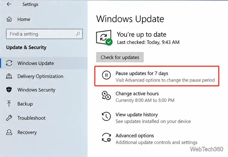 В настройках Центра обновления Windows 10 выделена опция «Приостановить обновления на 7 дней».