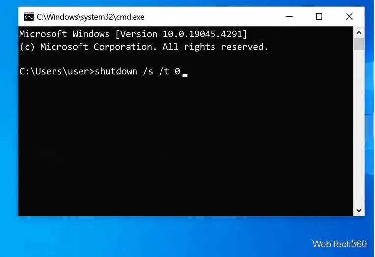 Командная строка Windows 10, отображающая команду shutdown s/t zero.