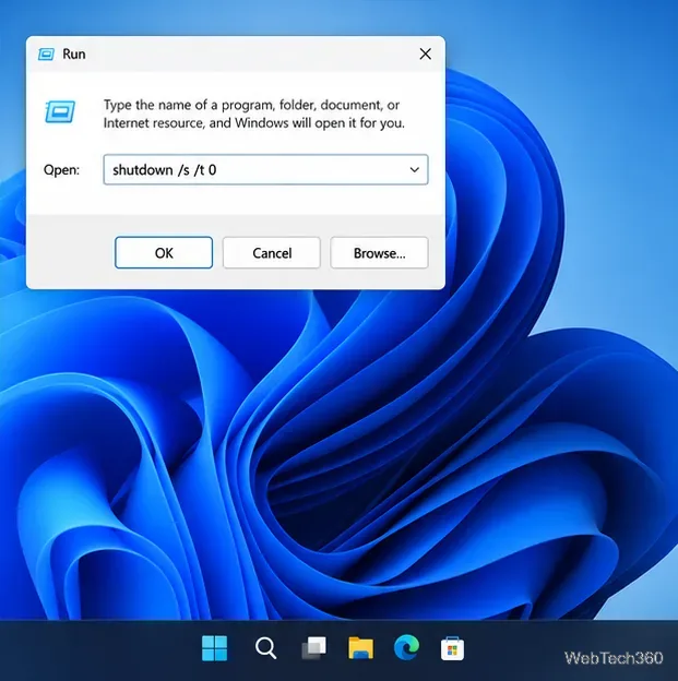 Diálogo Executar do Windows 11 com o comando shutdown /s /t 0 inserido no campo Abrir.