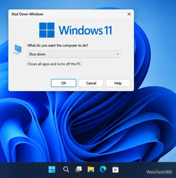 Diálogo "Desligar o Windows" no Windows 11 com a opção "Desligar" selecionada na lista de ações.