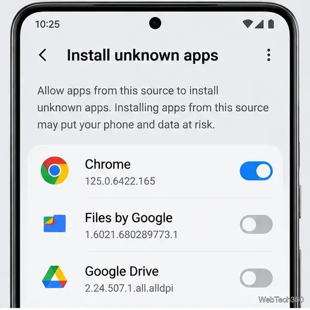 На странице установки неизвестных приложений Android разрешено использование Chrome, а другие источники отключены.