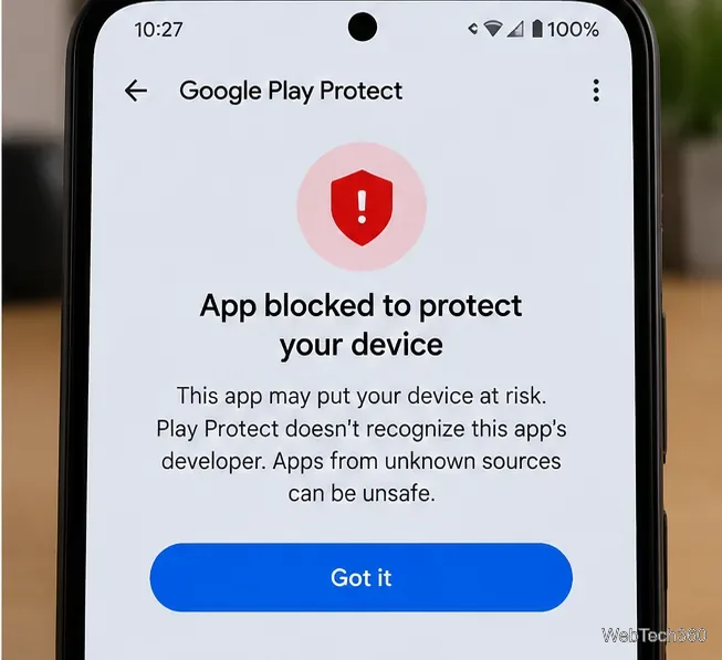 Предупреждающее сообщение Google Play Protect о том, что приложение заблокировано для защиты вашего устройства.
