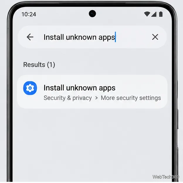 Поиск в настройках Android показывает разрешение на установку неизвестных приложений.