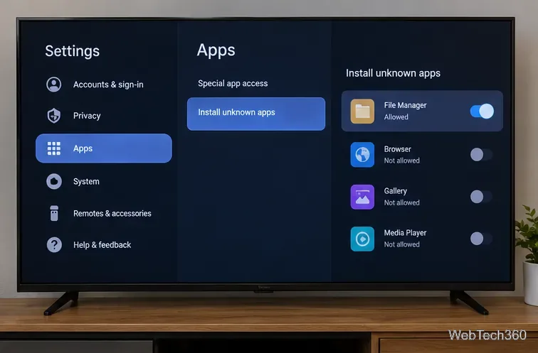 Android TV風の設定画面に、「アプリ」、「不明なアプリのインストール」、「ファイルマネージャーを許可」が表示されます。