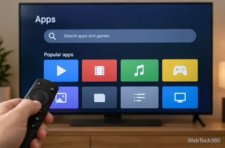 Google TV風のアプリ画面。検索フィールドとアプリタイルが表示され、手前にリモコンが写っている。