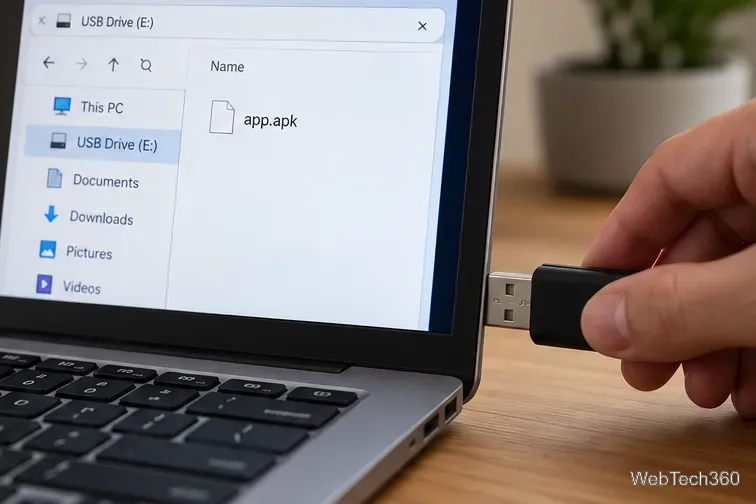 Windowsのエクスプローラーで、接続されたUSBドライブ上のapp.apkファイルを表示している。