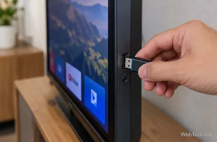 テレビの側面にあるUSBポートに黒いUSBフラッシュドライブを挿入する手のクローズアップ。