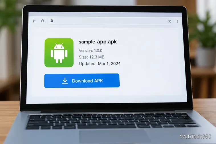 ノートパソコンに、sample-app.apkというラベルの付いたサンプルAPKダウンロードページが表示され、青色の「APKをダウンロード」ボタンが表示されている。