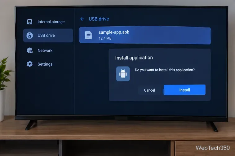 Android TVのファイルマネージャーが、USBドライブ上のsample-app.apkを、確認ダイアログとインストールボタンとともに表示している。