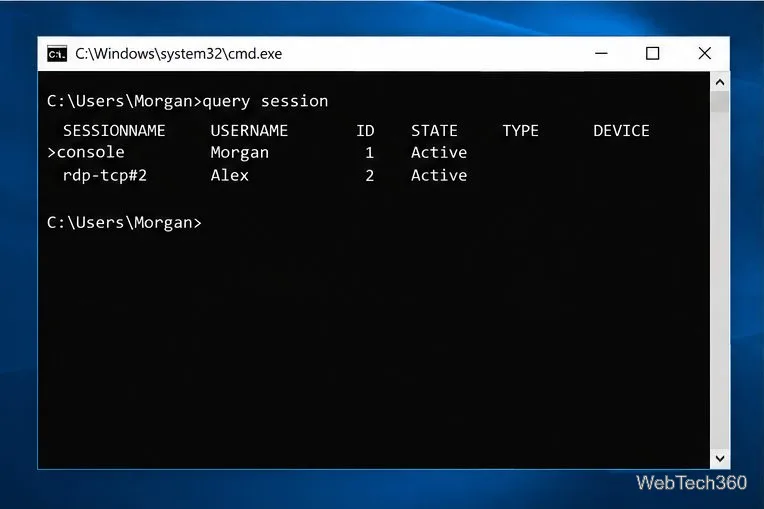 В командной строке Windows 10 отображается вывод запроса к сеансу с именами пользователей, идентификаторами сеансов и состояниями сеансов.