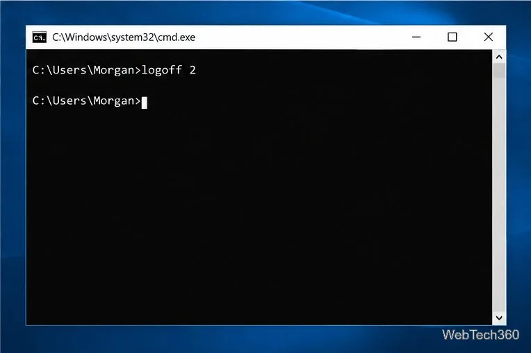 Командная строка Windows 10, отображающая команду logoff 2 и полученный ответ.