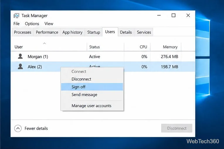 Вкладка «Пользователи» в диспетчере задач Windows 10, где для выбранной учетной записи отображается команда «Выход из системы».
