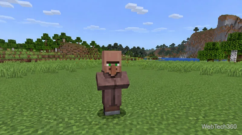 一個村民站在Minecraft創造模式世界中的一塊空草方塊上。