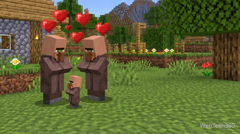 Minecraft聚落中的兩名成年村民身上帶有愛心粒子,還有一個嬰兒村民。