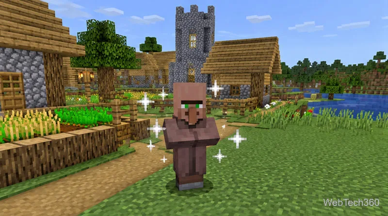一個村民出現在Minecraft村莊旁邊,並伴隨短暫的閃光效果。