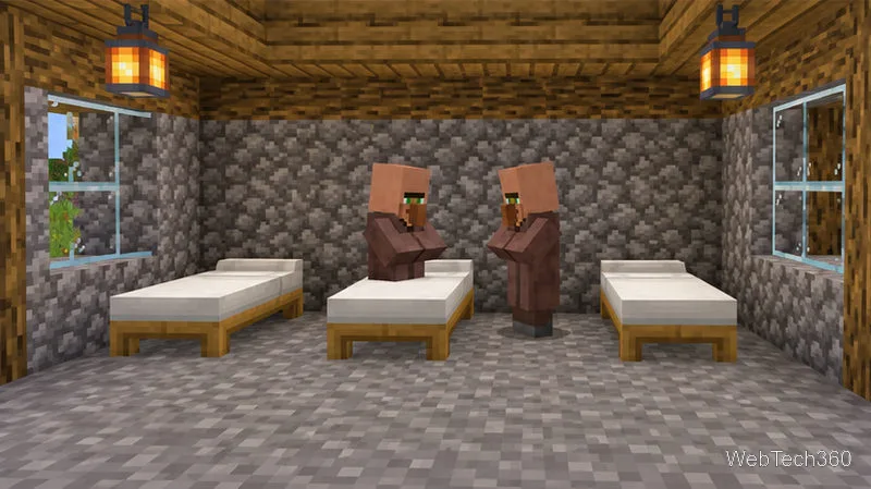 兩名成年村民在燈光明亮的Minecraft繁殖室裡,旁邊有三張床。