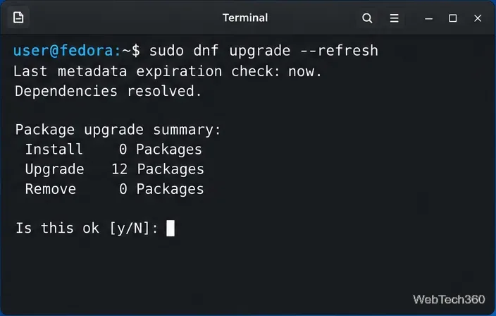 Fedora terminal showing sudo dnf upgrade --refresh and a package transaction prompt