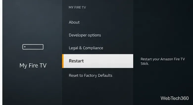 Fire TVのメニューで、再起動オプションがハイライト表示されている。