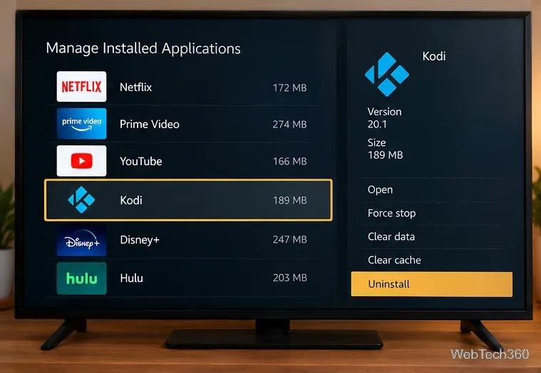 Kodiが選択され、アンインストールコマンドがハイライト表示されたインストール済みアプリケーション画面