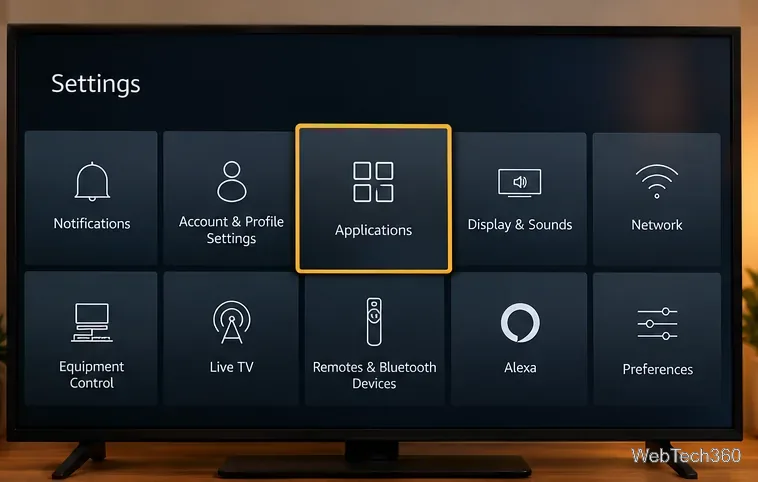 テレビ画面にアプリケーションがハイライト表示されたFire TV設定グリッド