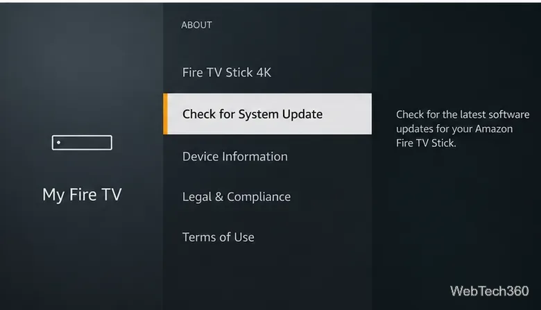 Fire TVの「システムアップデートの確認」が強調表示されたメニュー