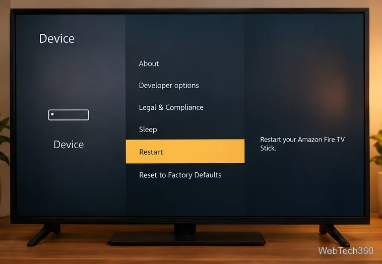 Fire TVデバイスのメニューに「再起動」と「工場出荷時設定にリセット」が表示されている。