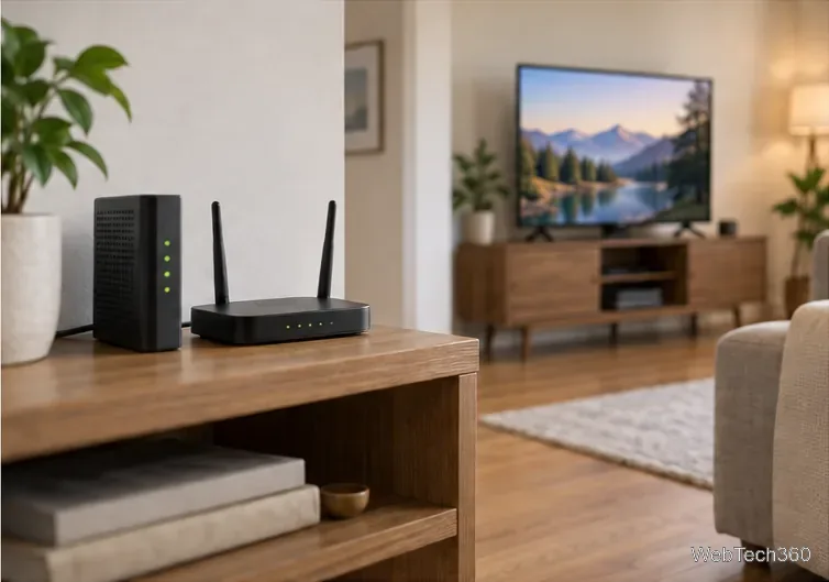 Модем и Wi-Fi роутер размещены в гостиной открытой планировки, рядом виден телевизор.